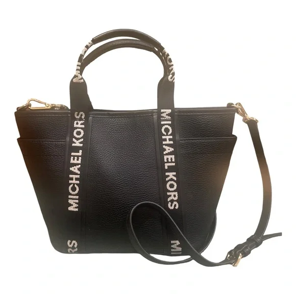 Michael Kors Maeve Black Pebbled Leather Satchel Tote with Logo Straps - Picture 2 of 13